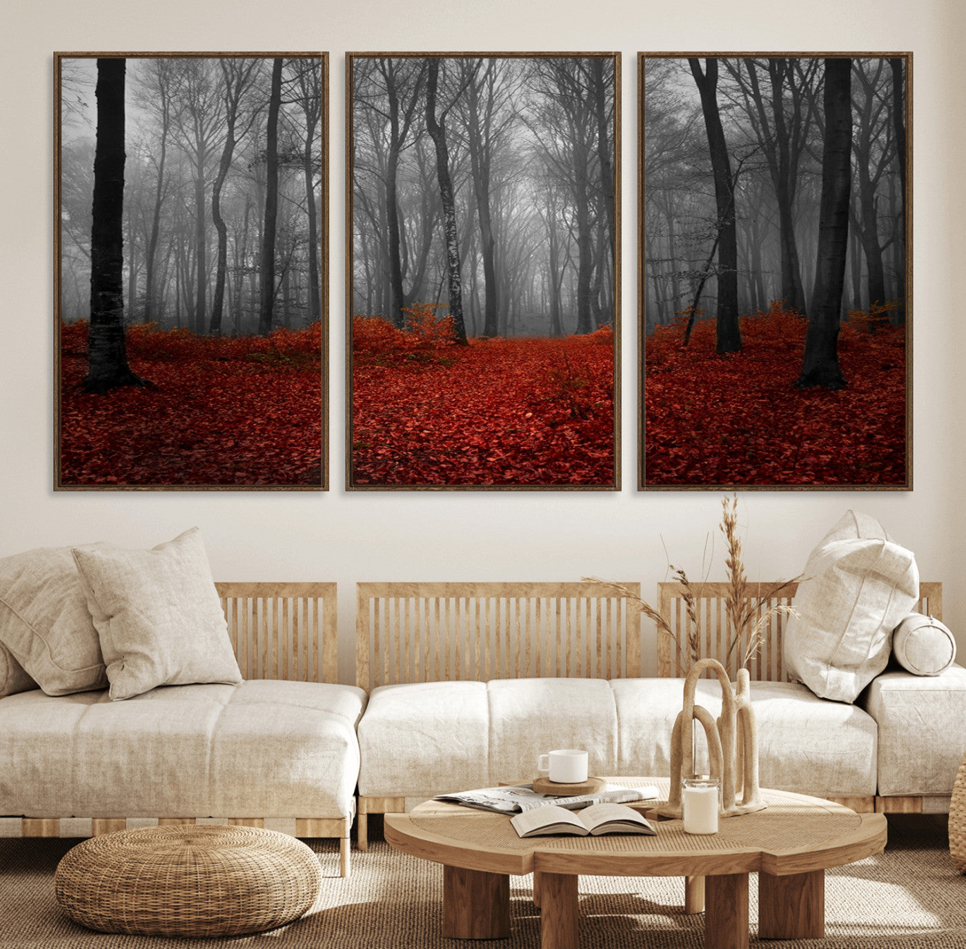Red Forest Floor Canvas Wall Art – Mystical Foggy Woodland