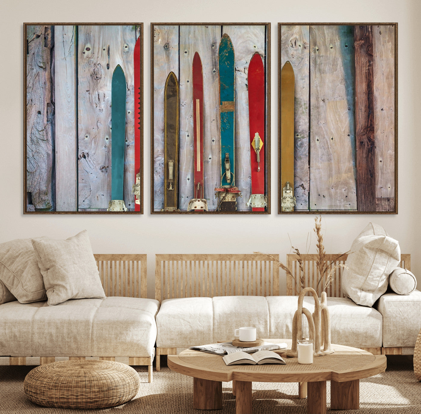 Vintage Wooden Weathered Ski's in Front of an Old Barn Wall