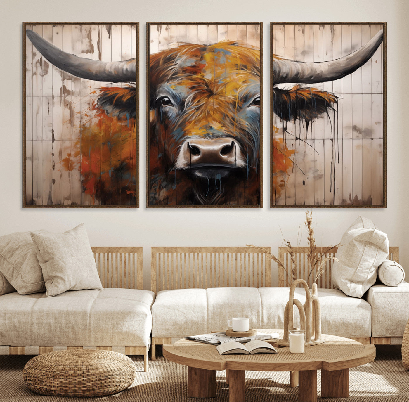 Scottish Highland Cow Cattle Art Print on Wood Style