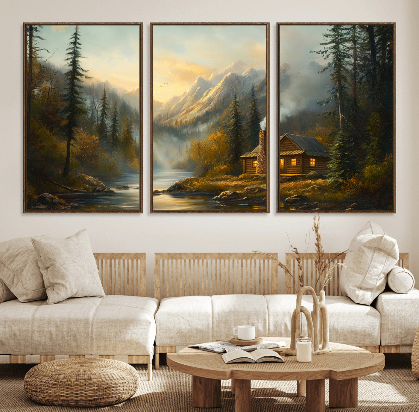 Wood Cabin Retreat Mountain at Sunset Wall Art Print -