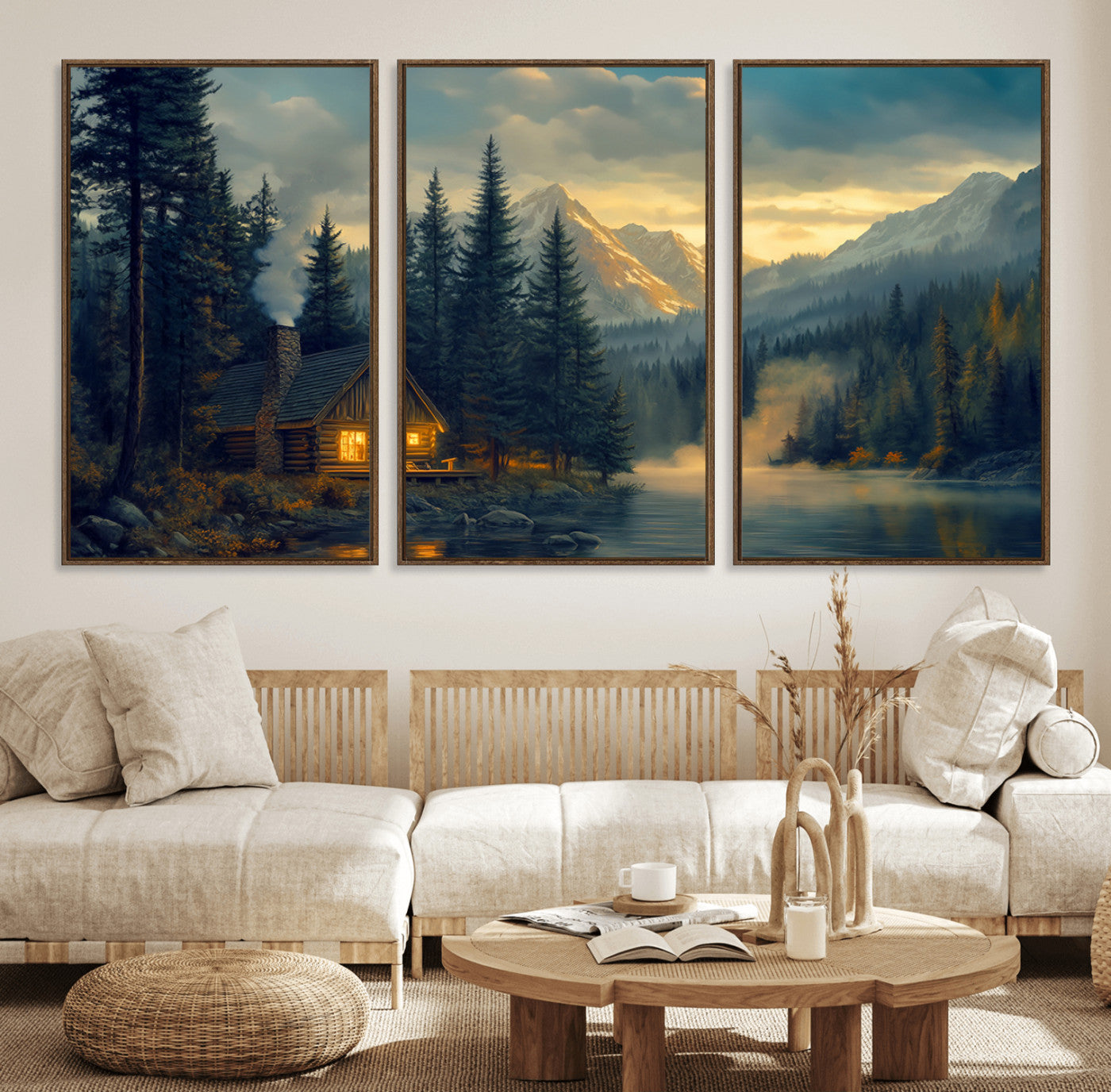 Mountain Cabin by the Lake at Sunset Wall Art - Serene