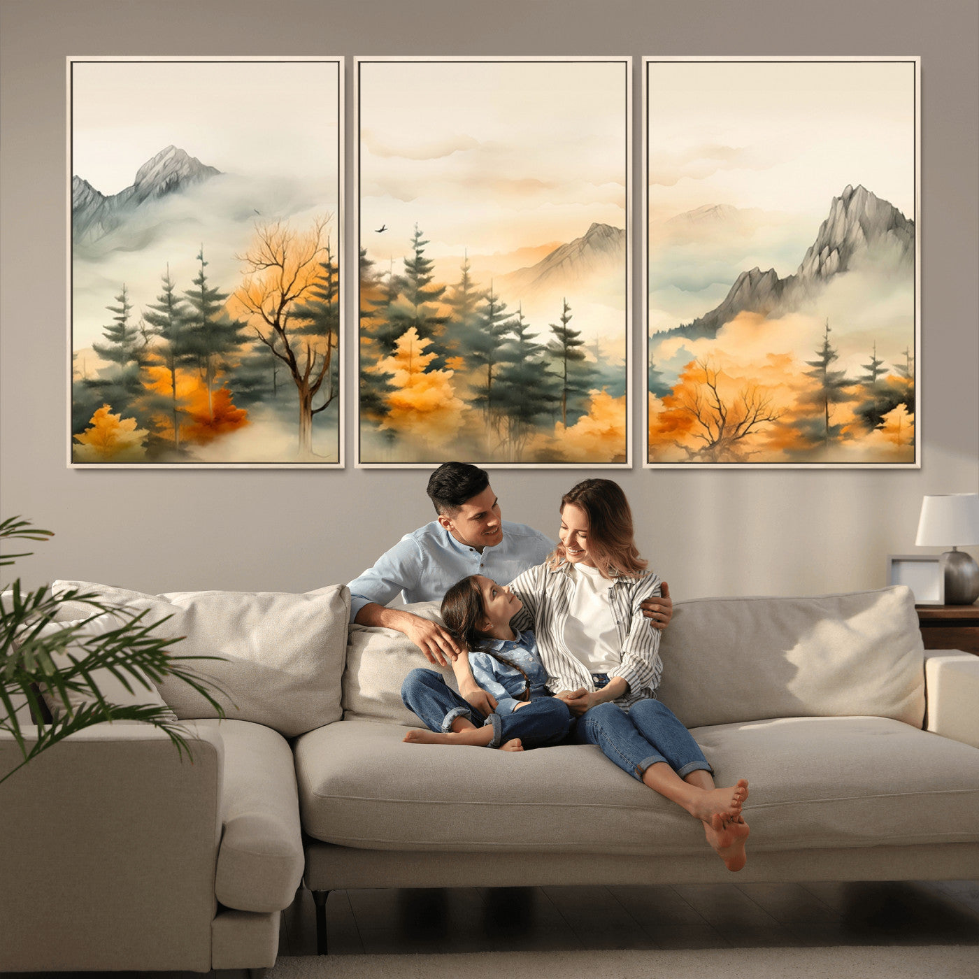 Abstract Watercolor Mountains and Trees Autumn Art,