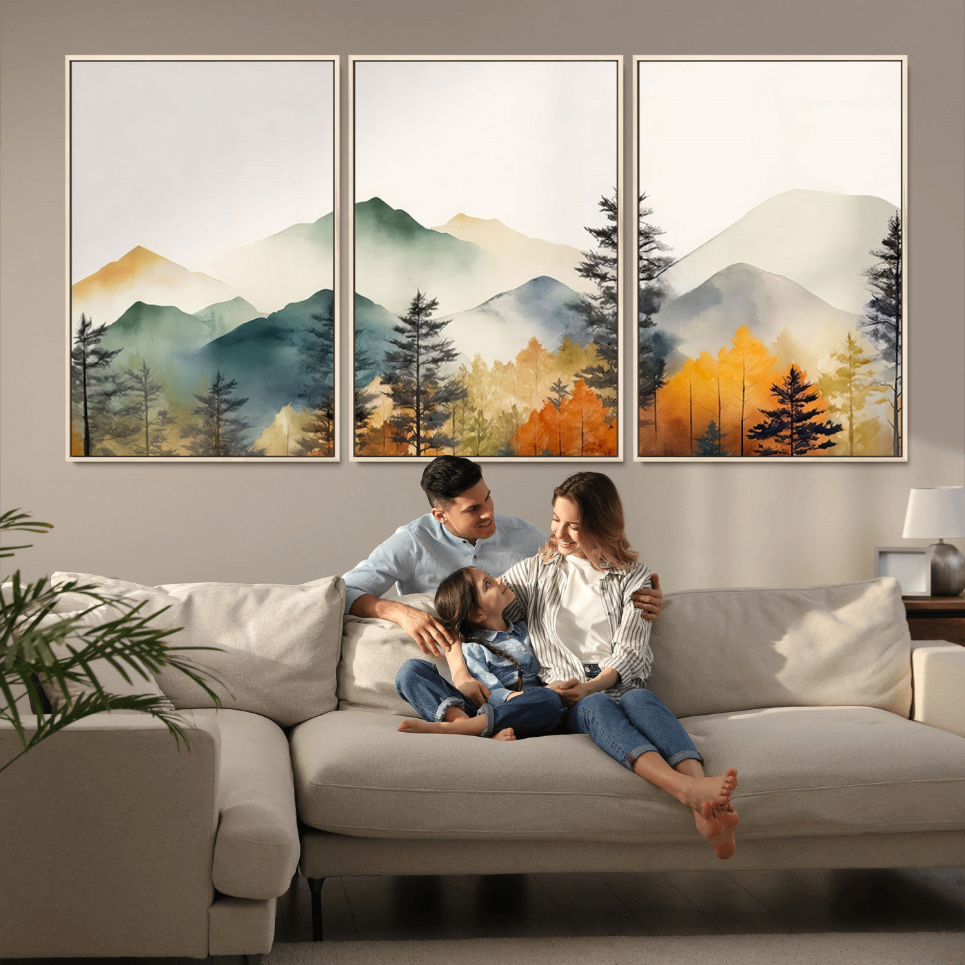 Abstract Watercolor Mountains and Trees Autumn Wall Art,