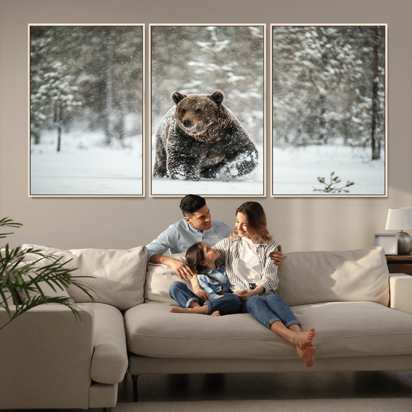 Grizzly Bear Wall Art – Framed Snowy Forest Canvas Artwork,