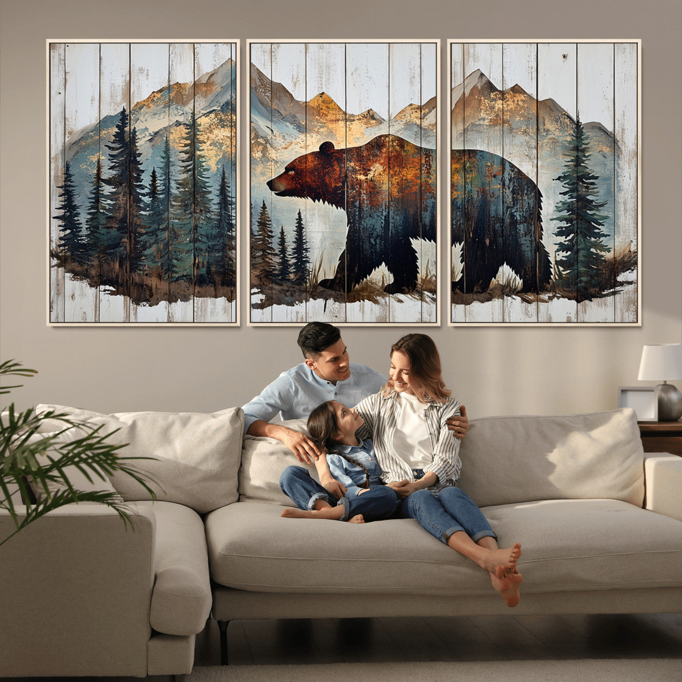 Rustic Grizzly 399 Bear and Mountain Wood Canvas Wall Art -