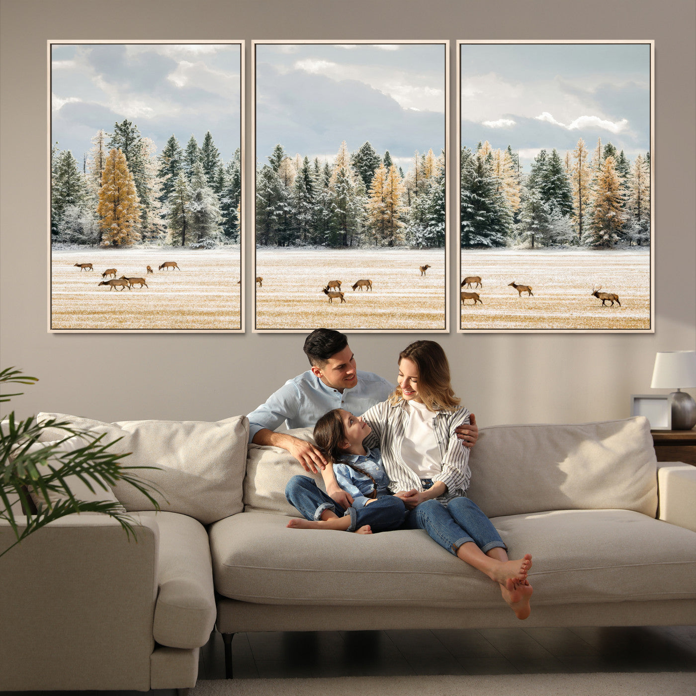 Elk Herd Wall Art – Framed Snowy Forest Canvas Artwork,