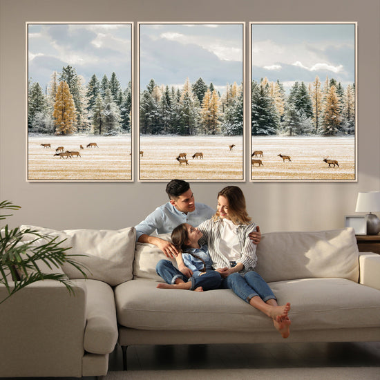 Elk Herd Wall Art – Framed Snowy Forest Canvas Artwork,