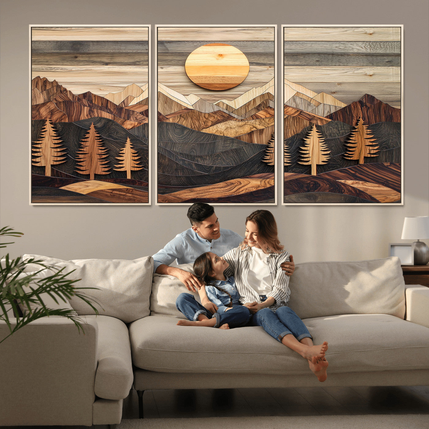 Wooden Mountain Layers Art – Rustic Pine Tree Landscape