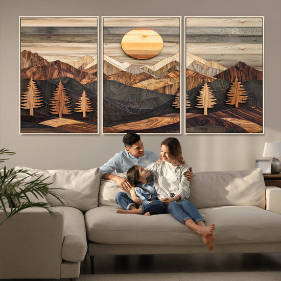 Wooden Mountain Layers Art – Rustic Pine Tree Landscape
