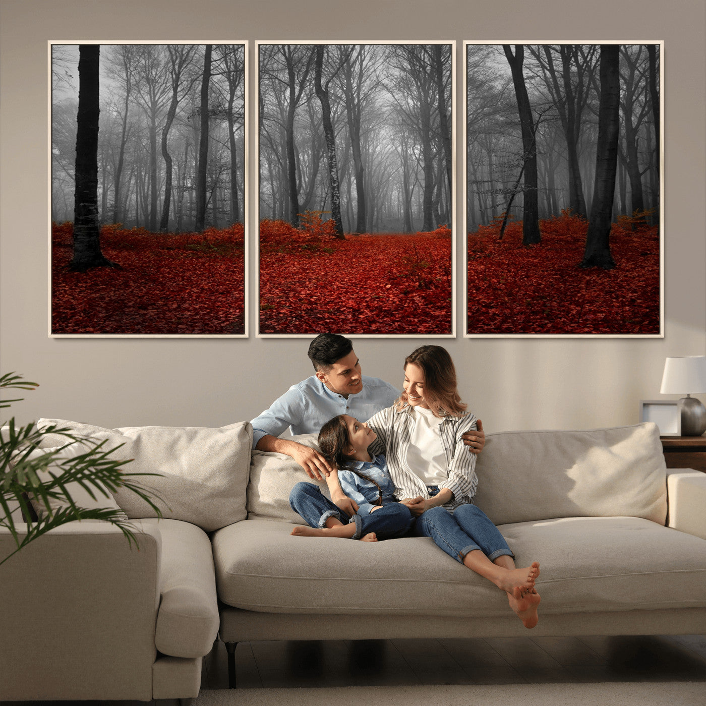 Red Forest Floor Canvas Wall Art – Mystical Foggy Woodland
