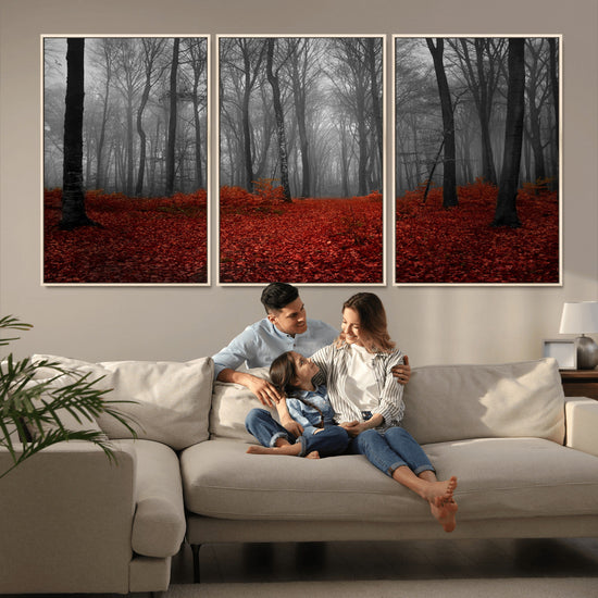 Red Forest Floor Canvas Wall Art – Mystical Foggy Woodland