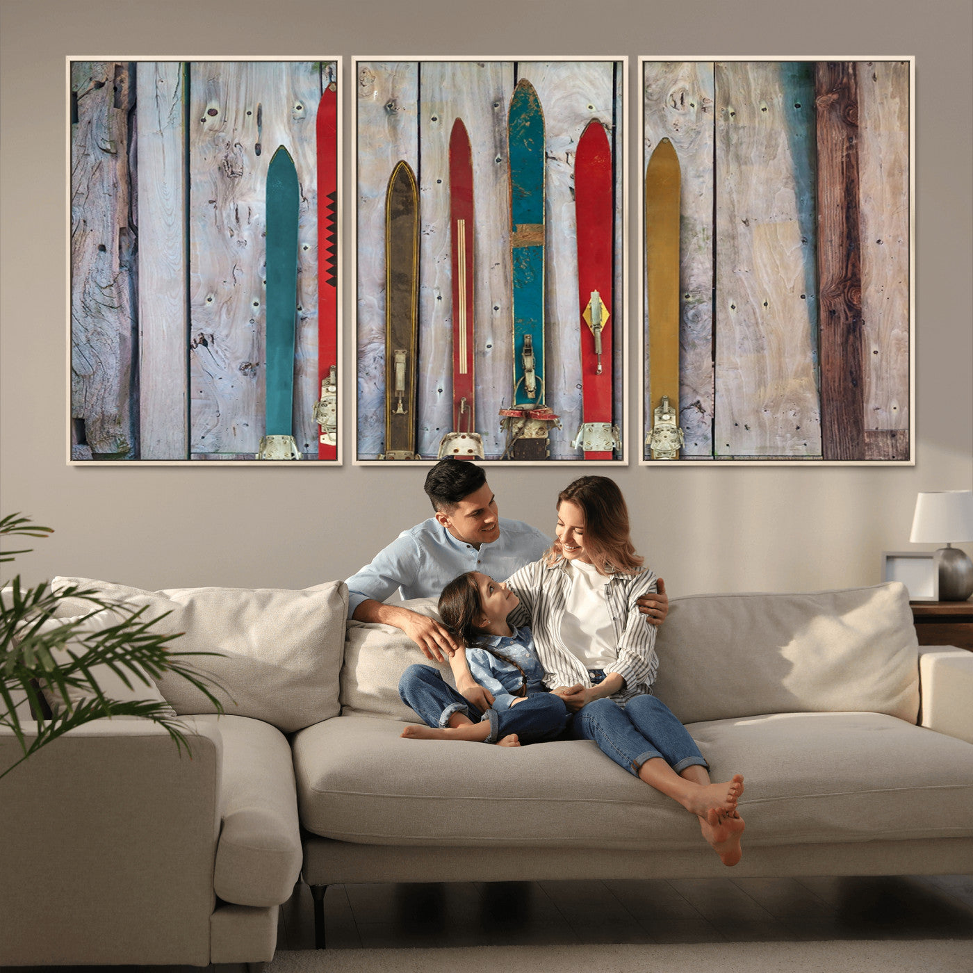 Vintage Wooden Weathered Ski's in Front of an Old Barn Wall