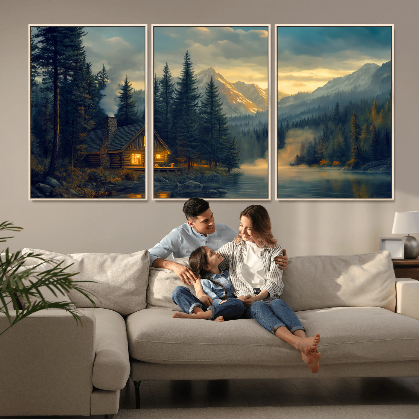 Mountain Cabin by the Lake at Sunset Wall Art - Serene