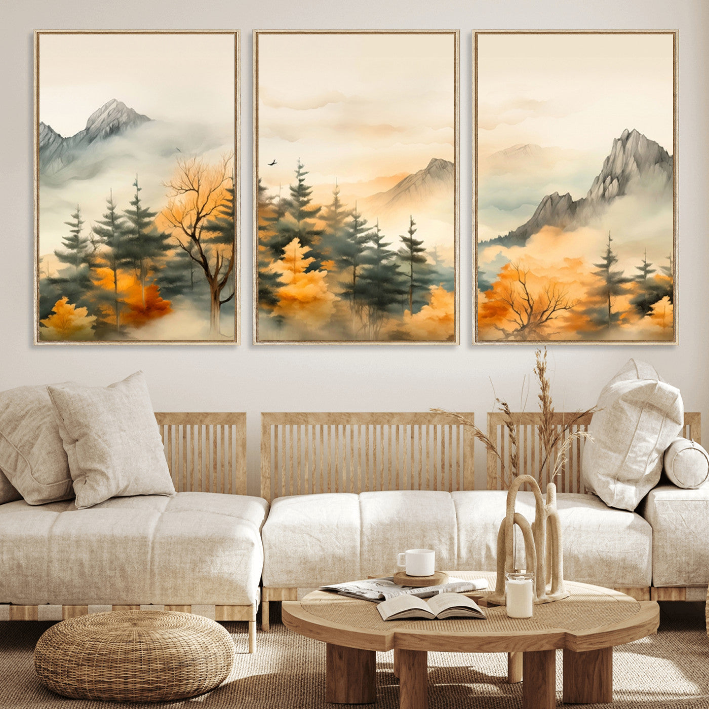 Abstract Watercolor Mountains and Trees Autumn Art,