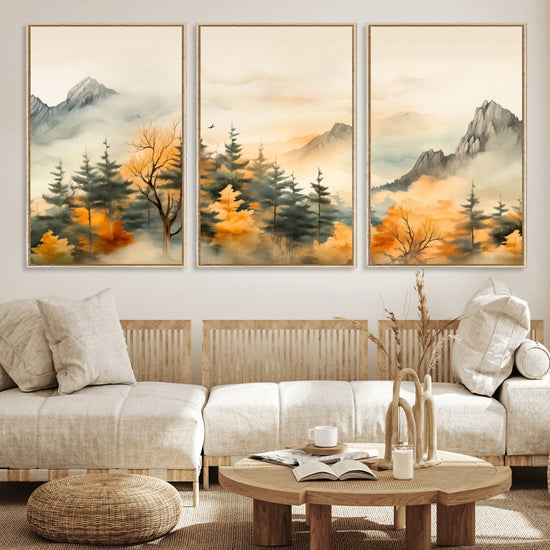 Abstract Watercolor Mountains and Trees Autumn Art,
