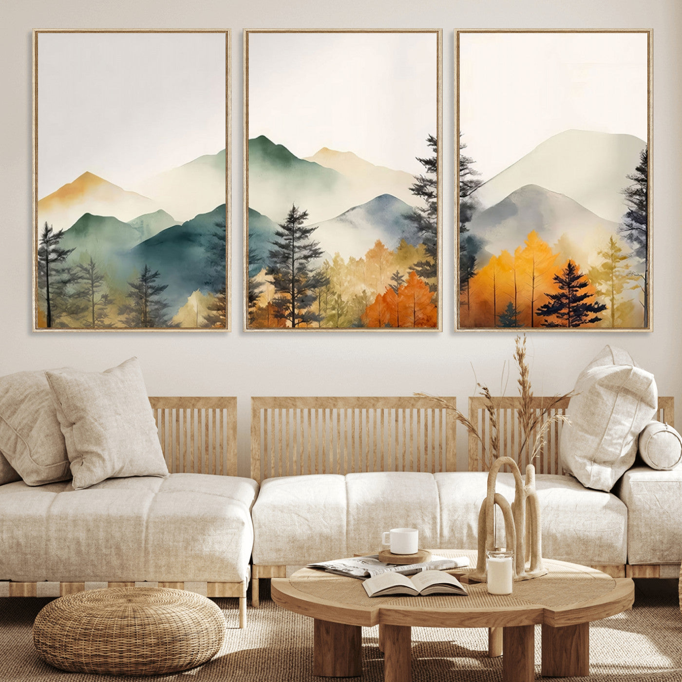 Abstract Watercolor Mountains and Trees Autumn Wall Art,