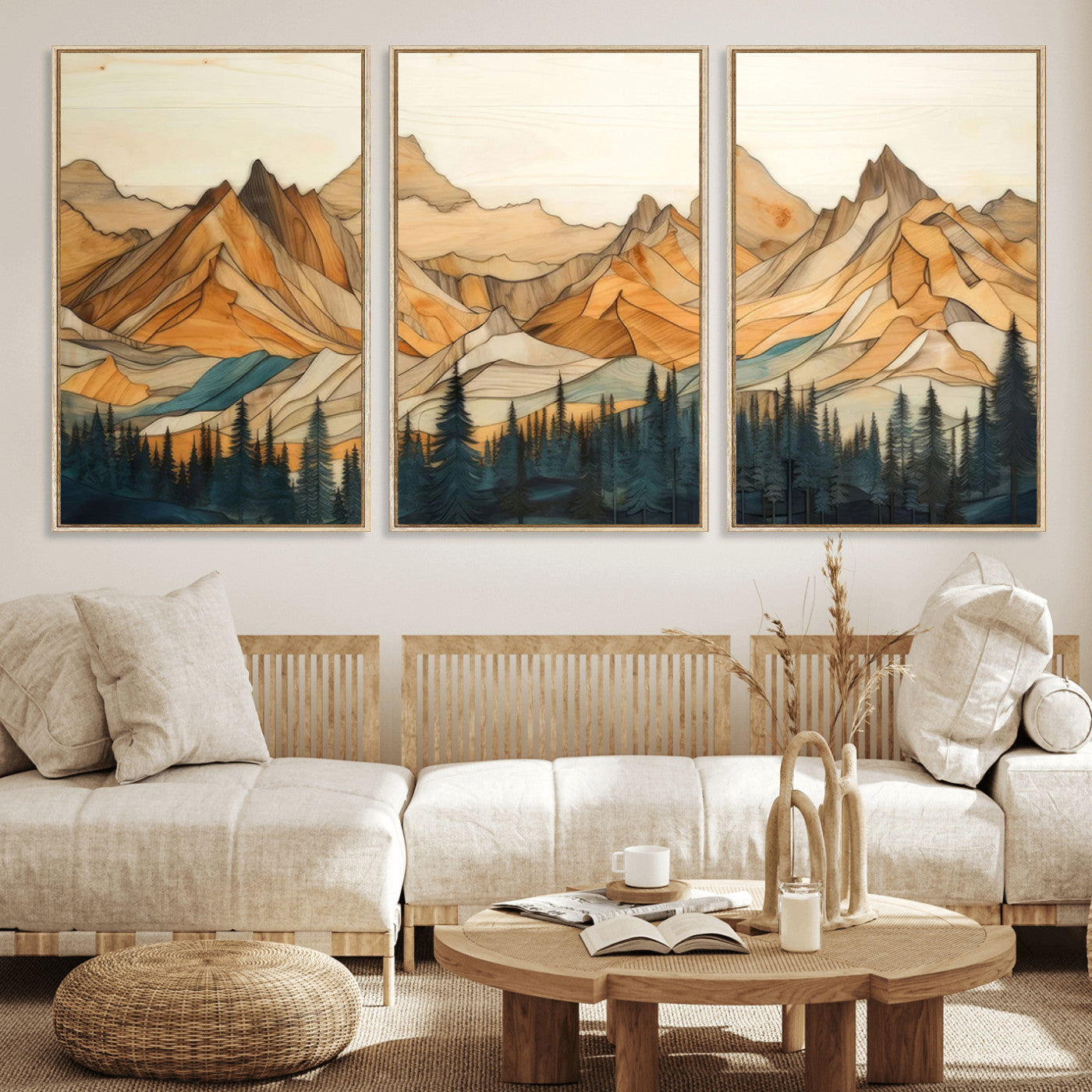 Rustic Wood Mountain Wall Art Print | Triptych Giclee Print