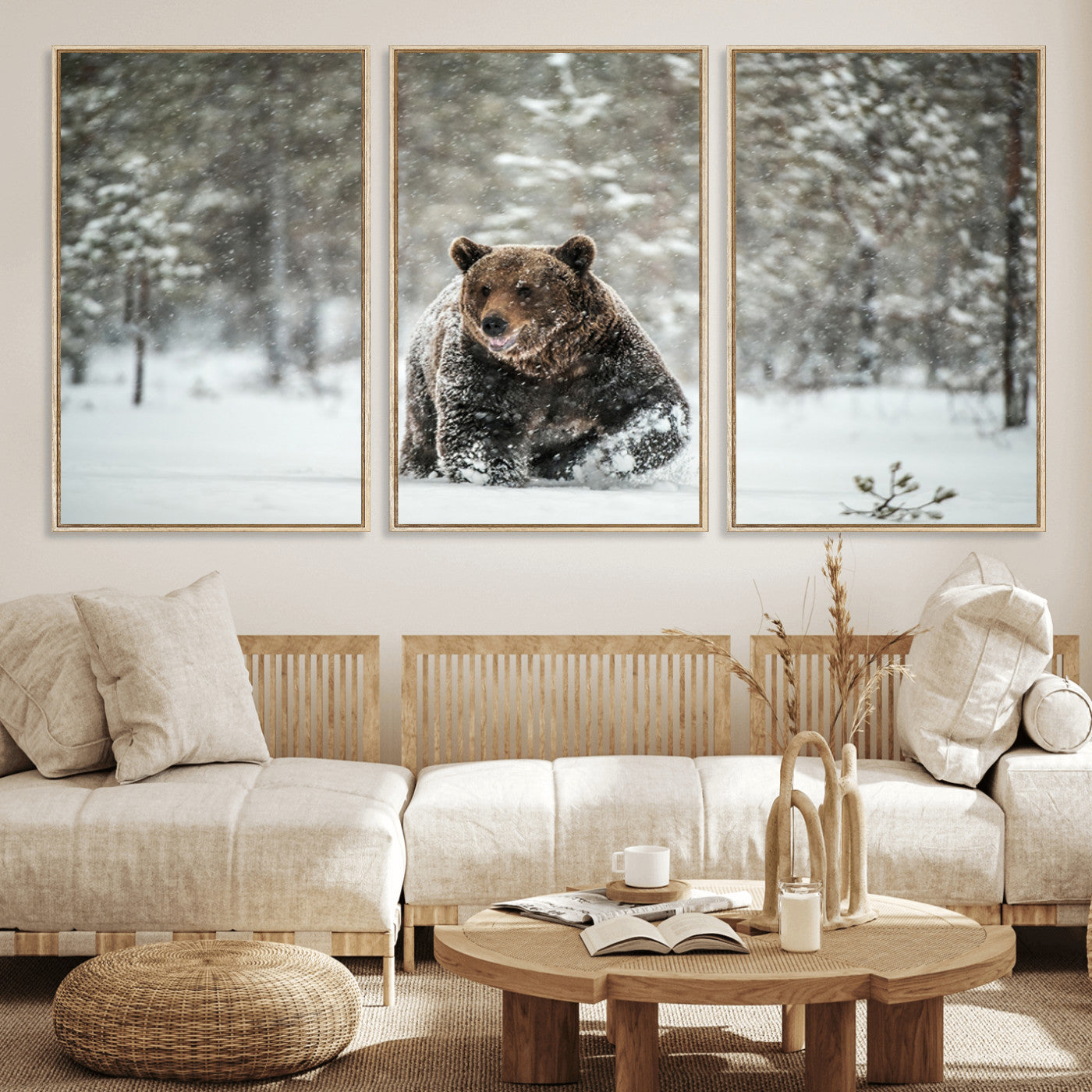Grizzly Bear Wall Art – Framed Snowy Forest Canvas Artwork,