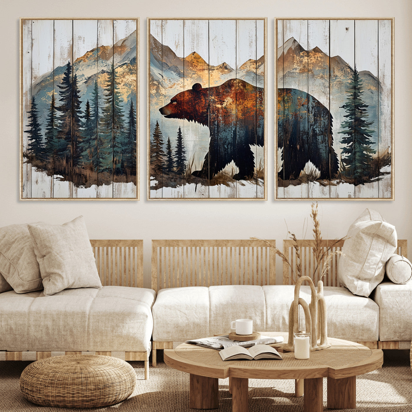 Rustic Grizzly 399 Bear and Mountain Wood Canvas Wall Art -
