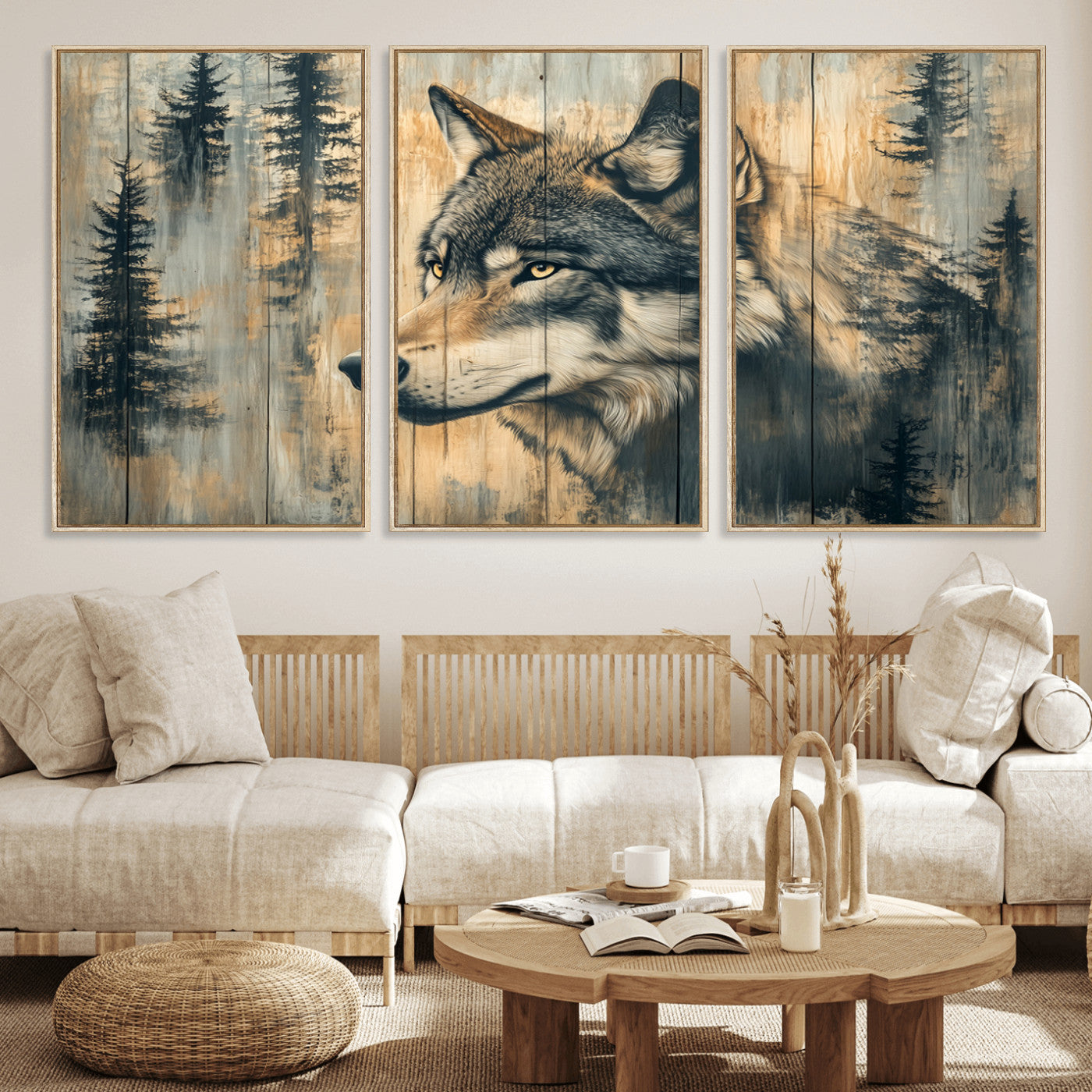 Wood Style Rustic Wolf Wall Art Canvas Print, Vintage