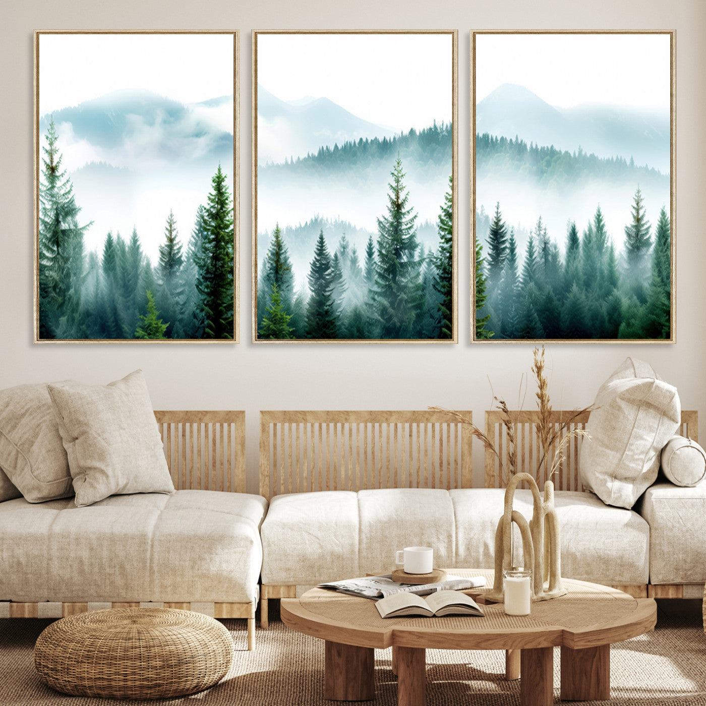 Pine Forest Wall Art Canvas Print – Misty Mountains Foggy