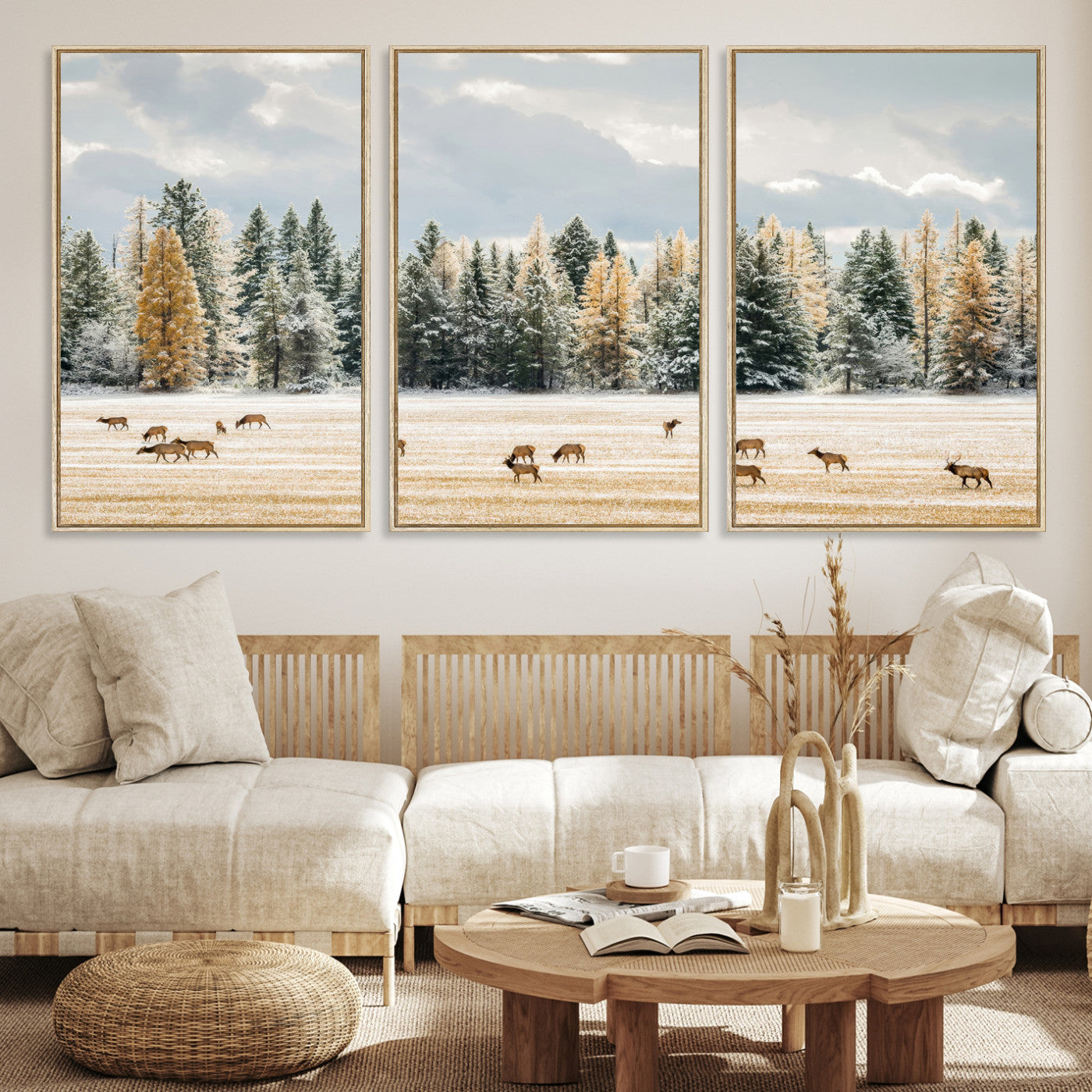 Elk Herd Wall Art – Framed Snowy Forest Canvas Artwork,