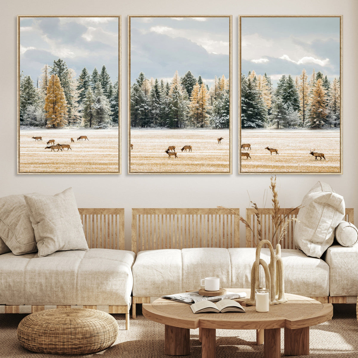 Elk Herd Wall Art – Framed Snowy Forest Canvas Artwork,