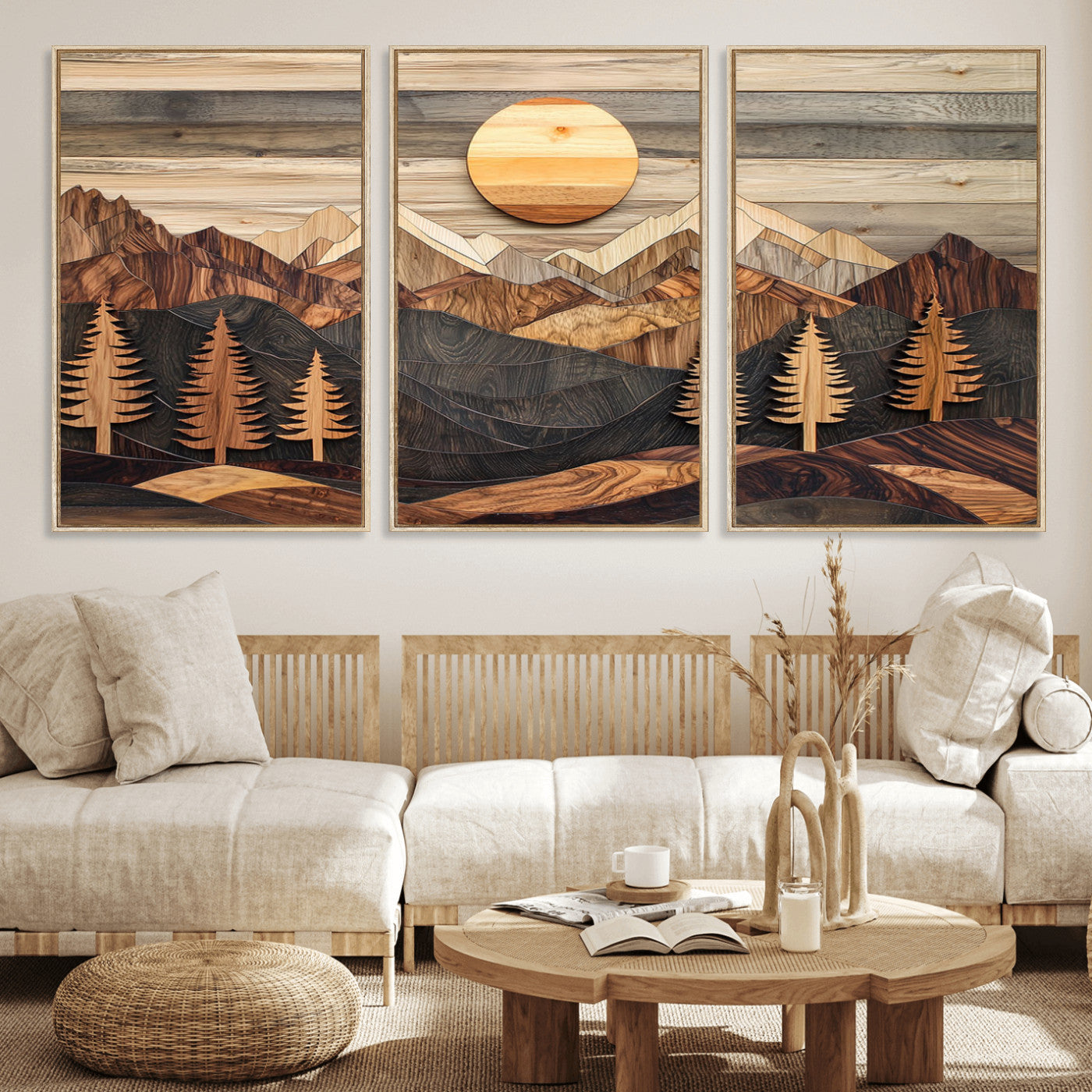 Wooden Mountain Layers Art – Rustic Pine Tree Landscape