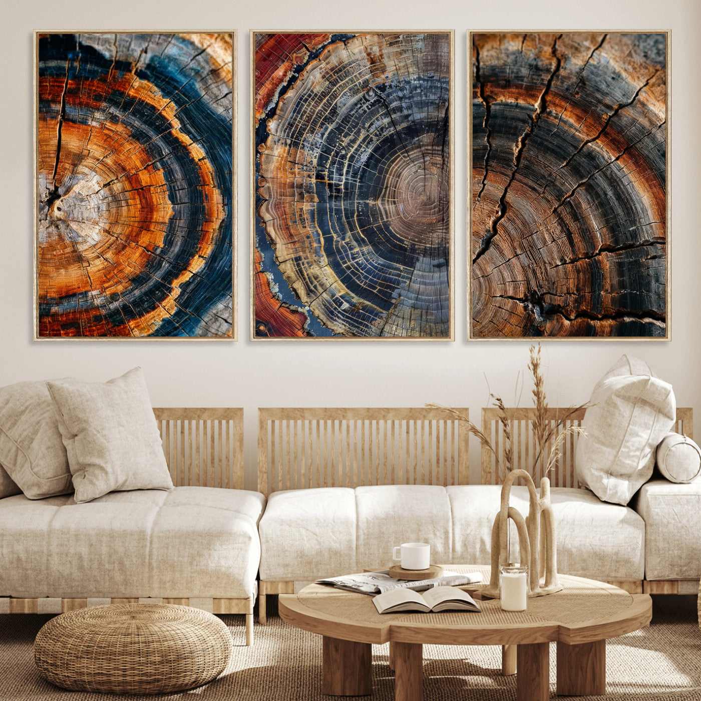 Tree Ring Triptych Canvas Wall Art — Set of 3 Wood Grain