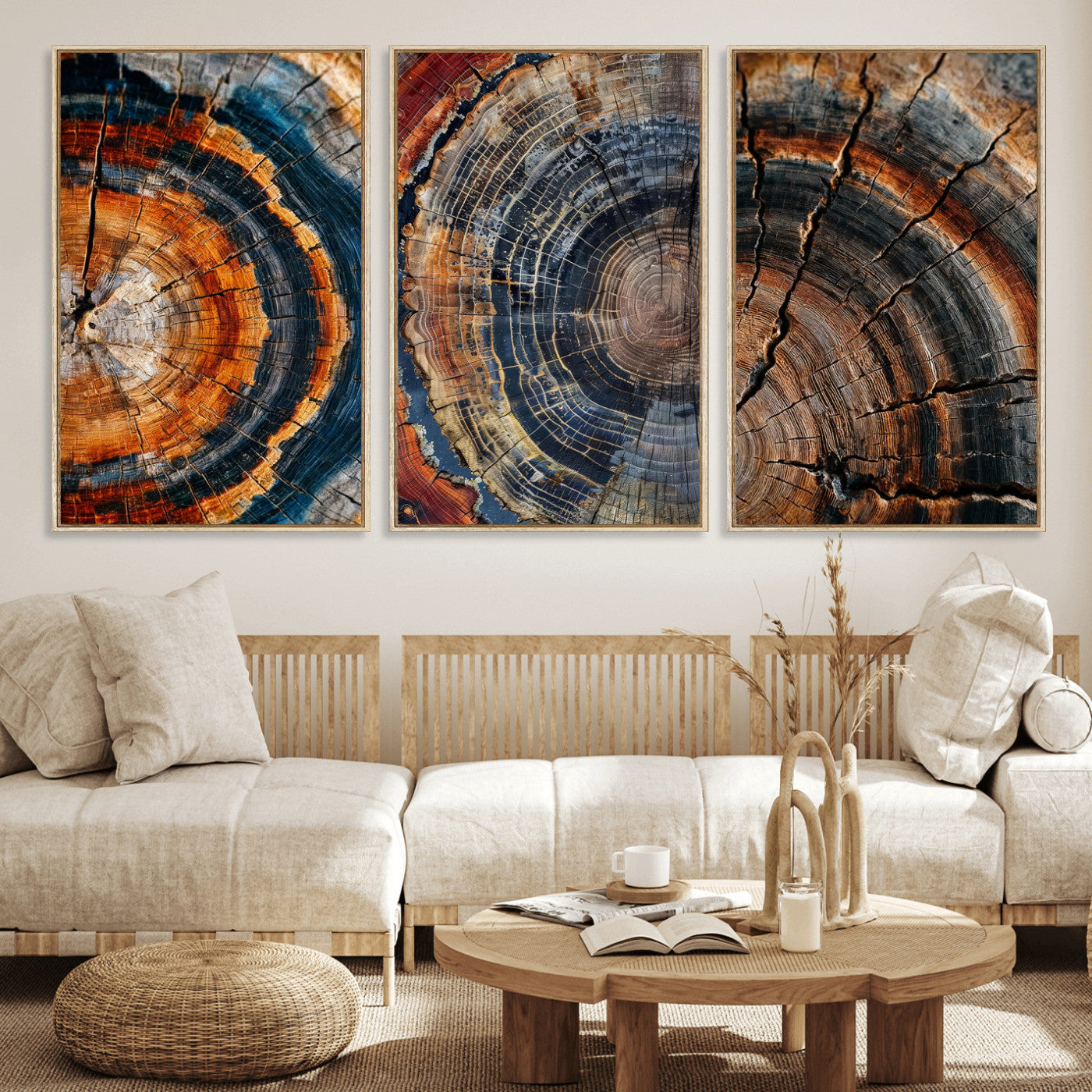 Tree Ring Canvas Wall Art, Wood Cross Section Triptych