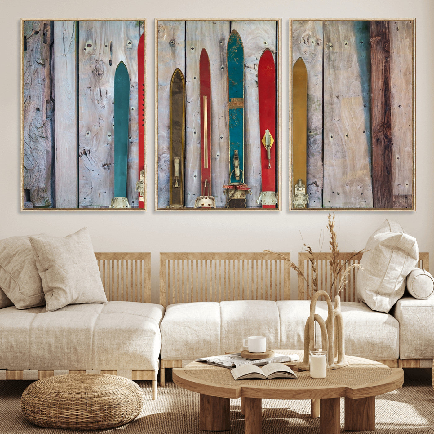 Vintage Wooden Weathered Ski's in Front of an Old Barn Wall