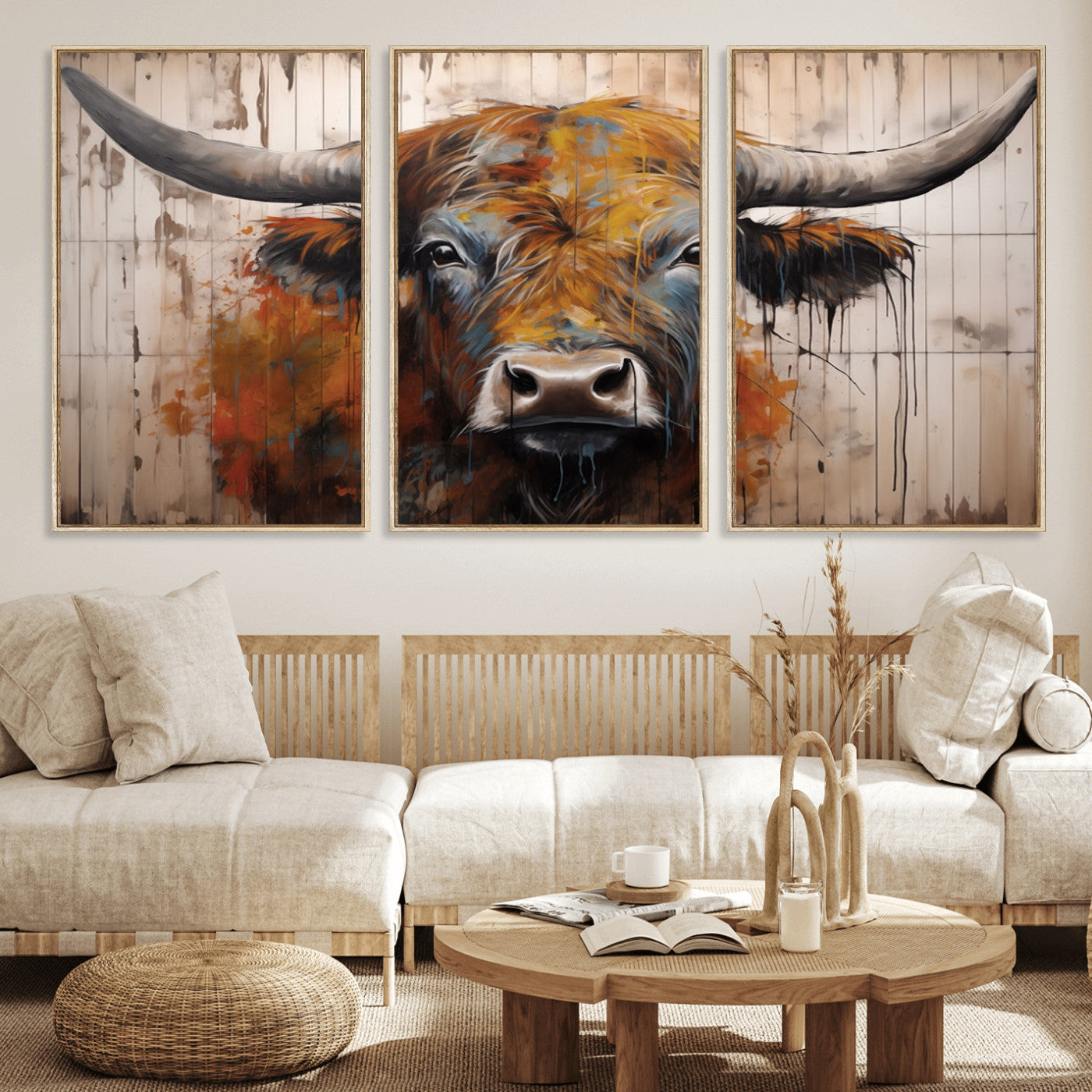 Scottish Highland Cow Cattle Art Print on Wood Style