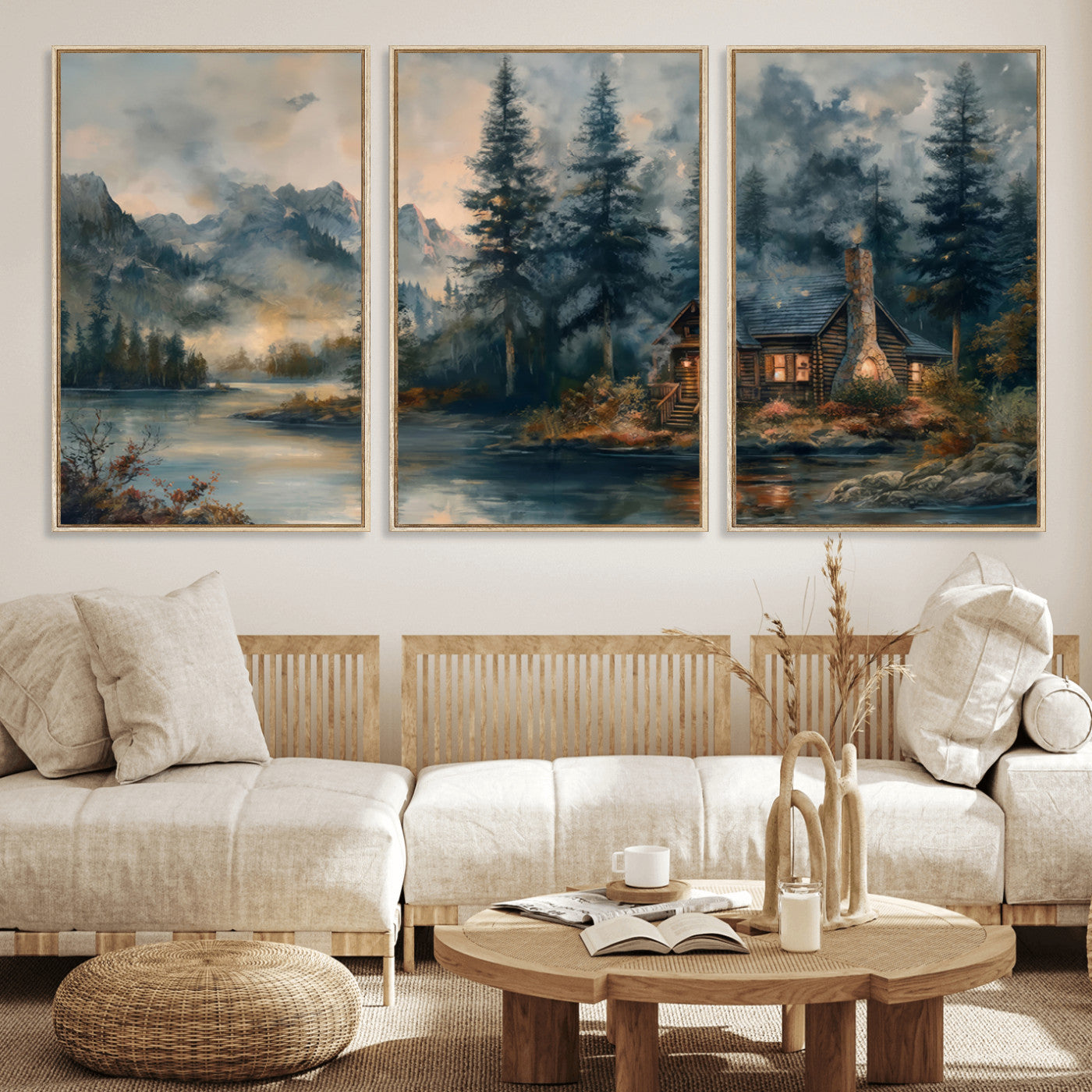 Rustic Cabin Woods Wall Art Print | Lake in a Forest Canvas