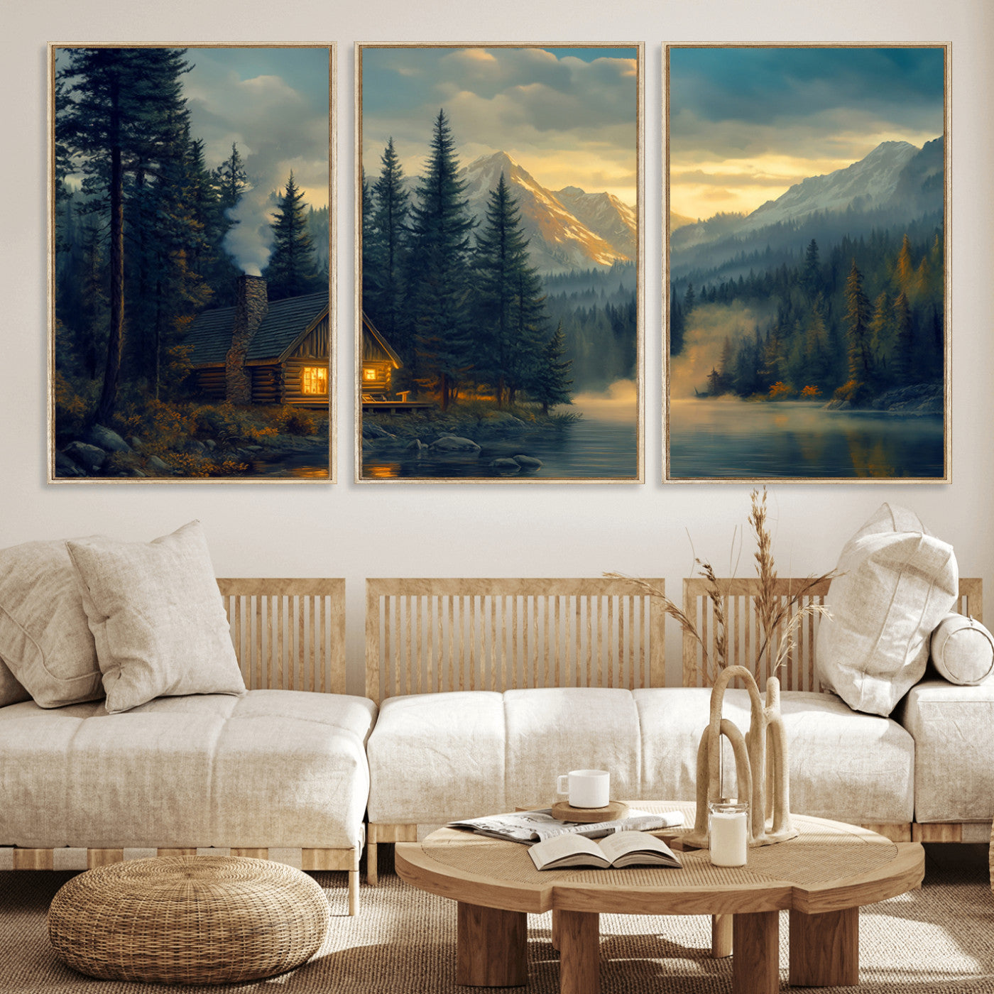 Mountain Cabin by the Lake at Sunset Wall Art - Serene