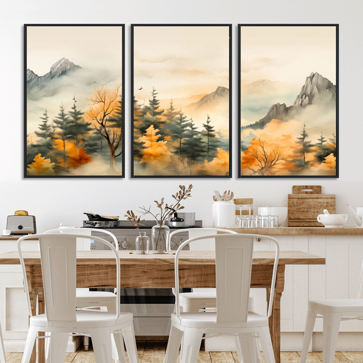 Abstract Watercolor Mountains and Trees Autumn Art,