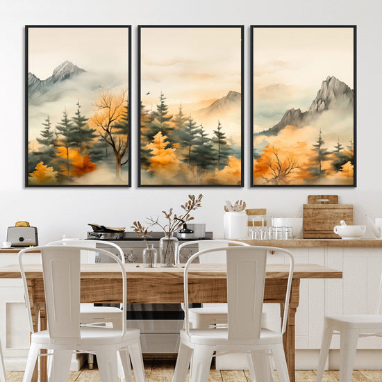 Abstract Watercolor Mountains and Trees Autumn Art,