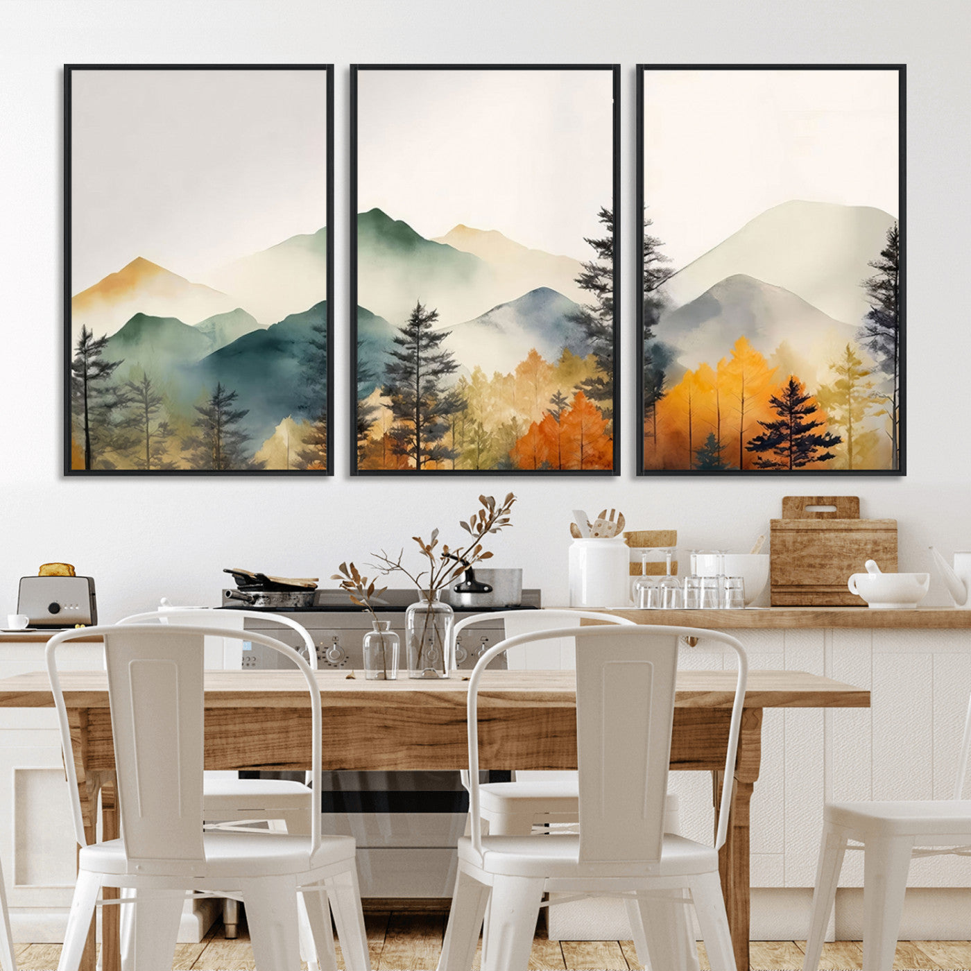 Abstract Watercolor Mountains and Trees Autumn Wall Art,