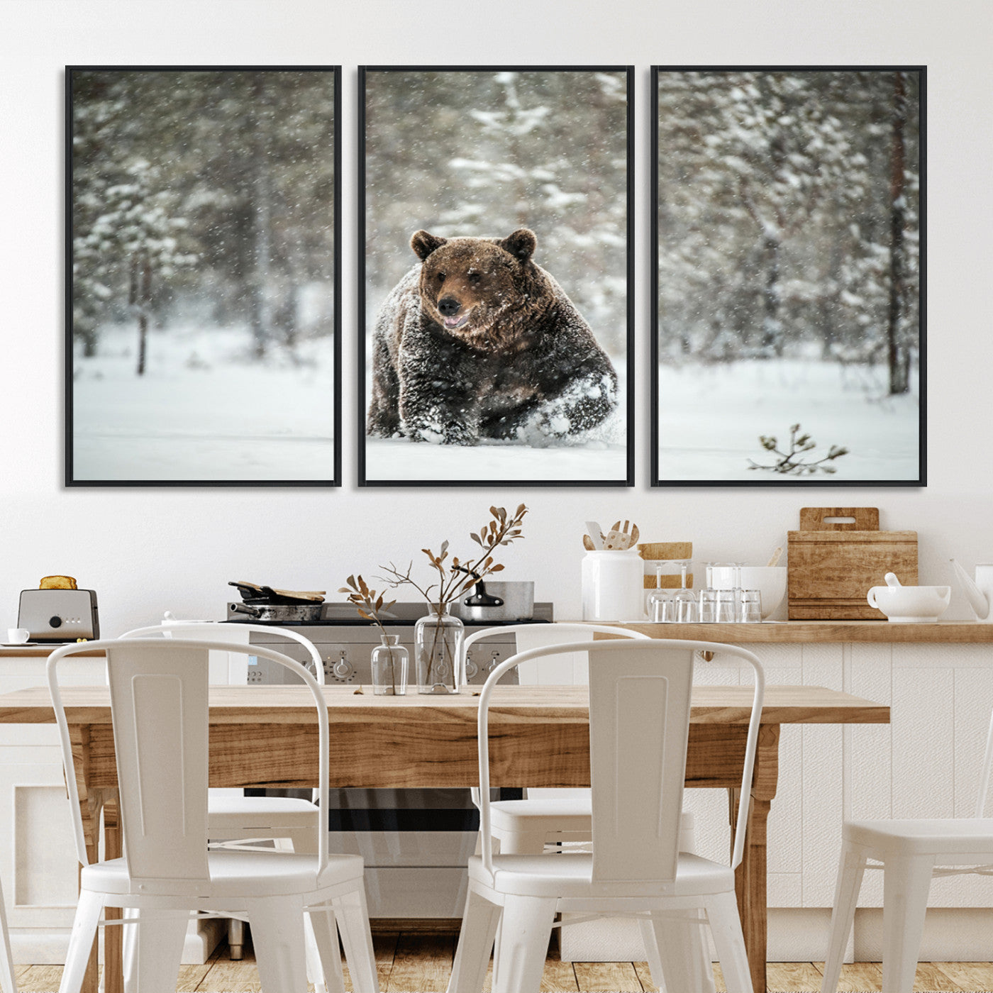 Grizzly Bear Wall Art – Framed Snowy Forest Canvas Artwork,