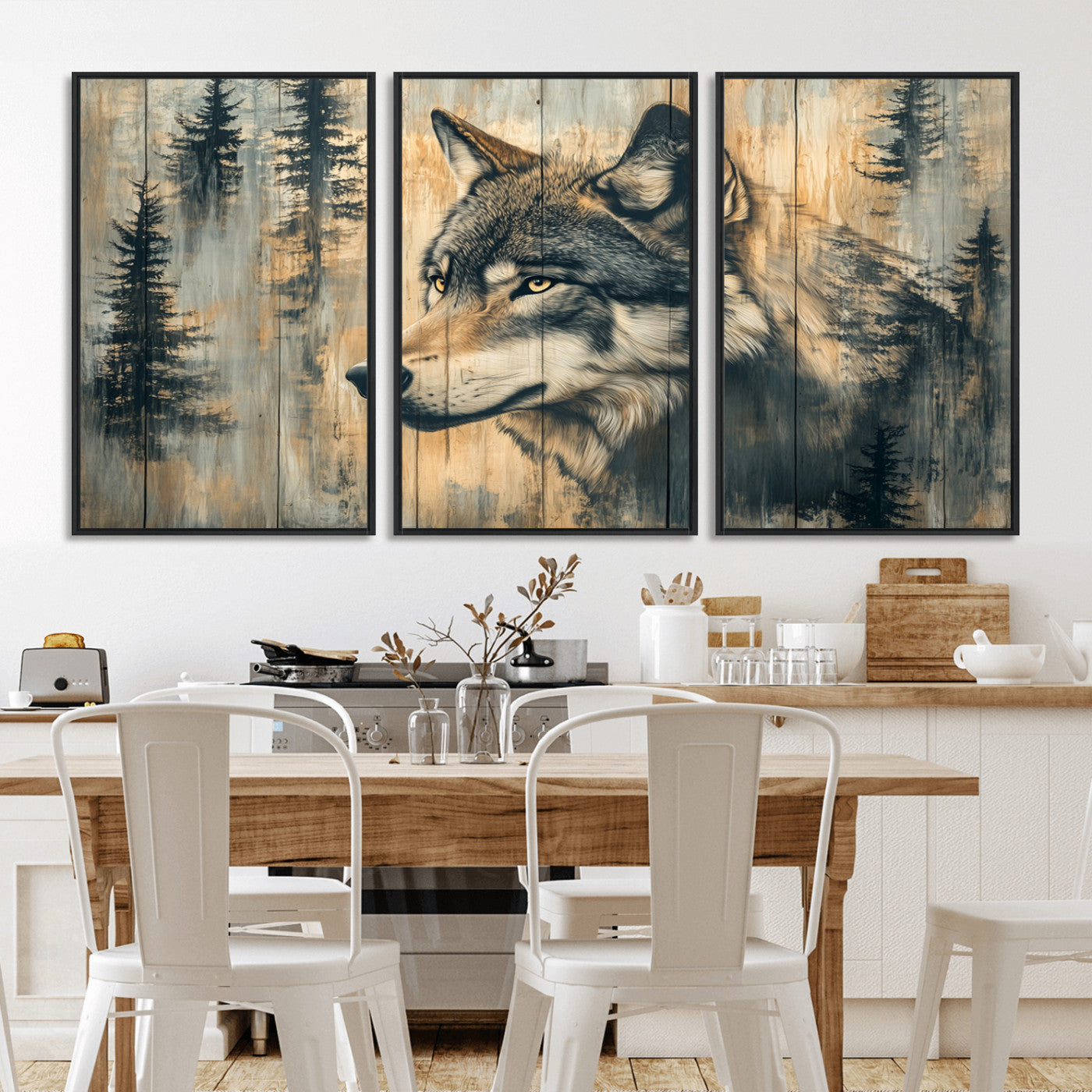 Wood Style Rustic Wolf Wall Art Canvas Print, Vintage