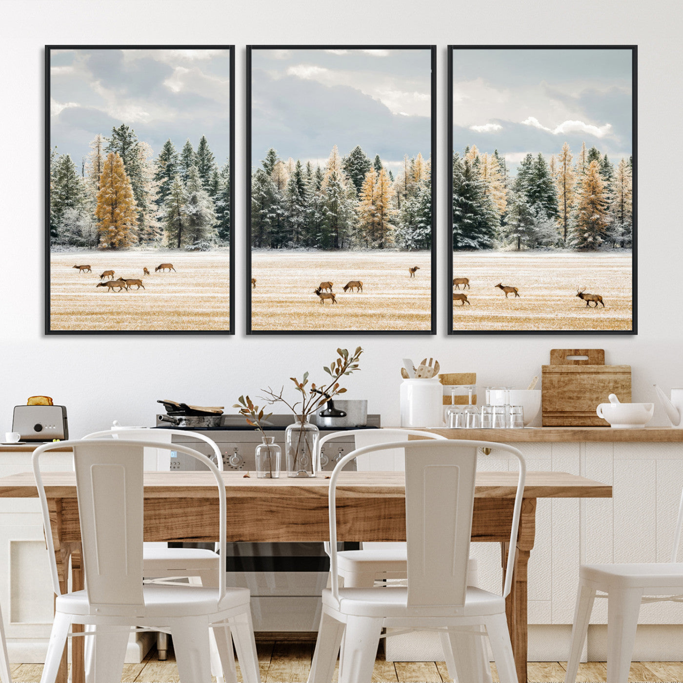 Elk Herd Wall Art – Framed Snowy Forest Canvas Artwork,