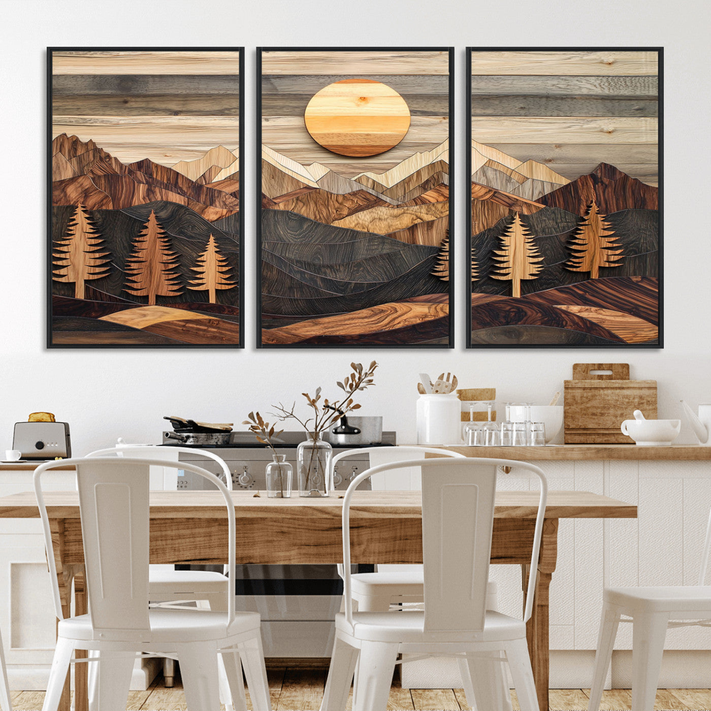Wooden Mountain Layers Art – Rustic Pine Tree Landscape