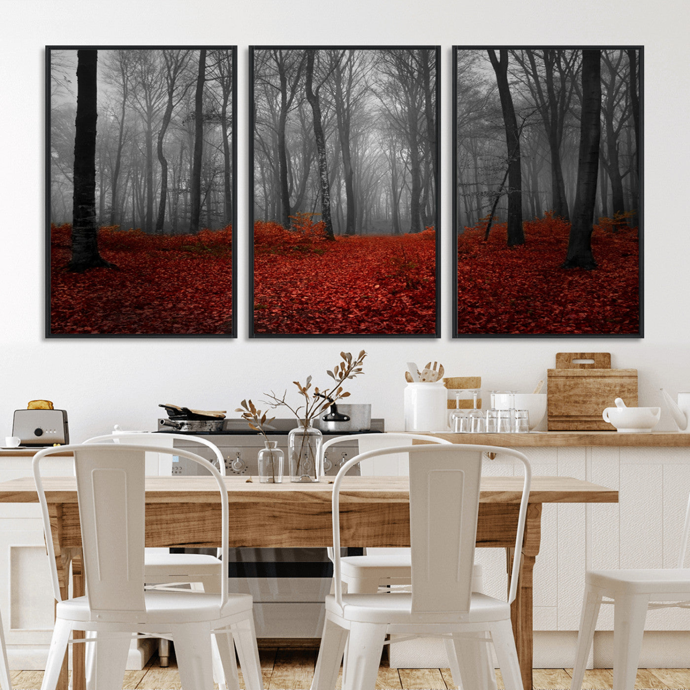 Red Forest Floor Canvas Wall Art – Mystical Foggy Woodland