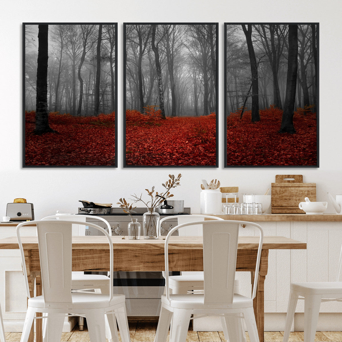 Red Forest Floor Canvas Wall Art – Mystical Foggy Woodland