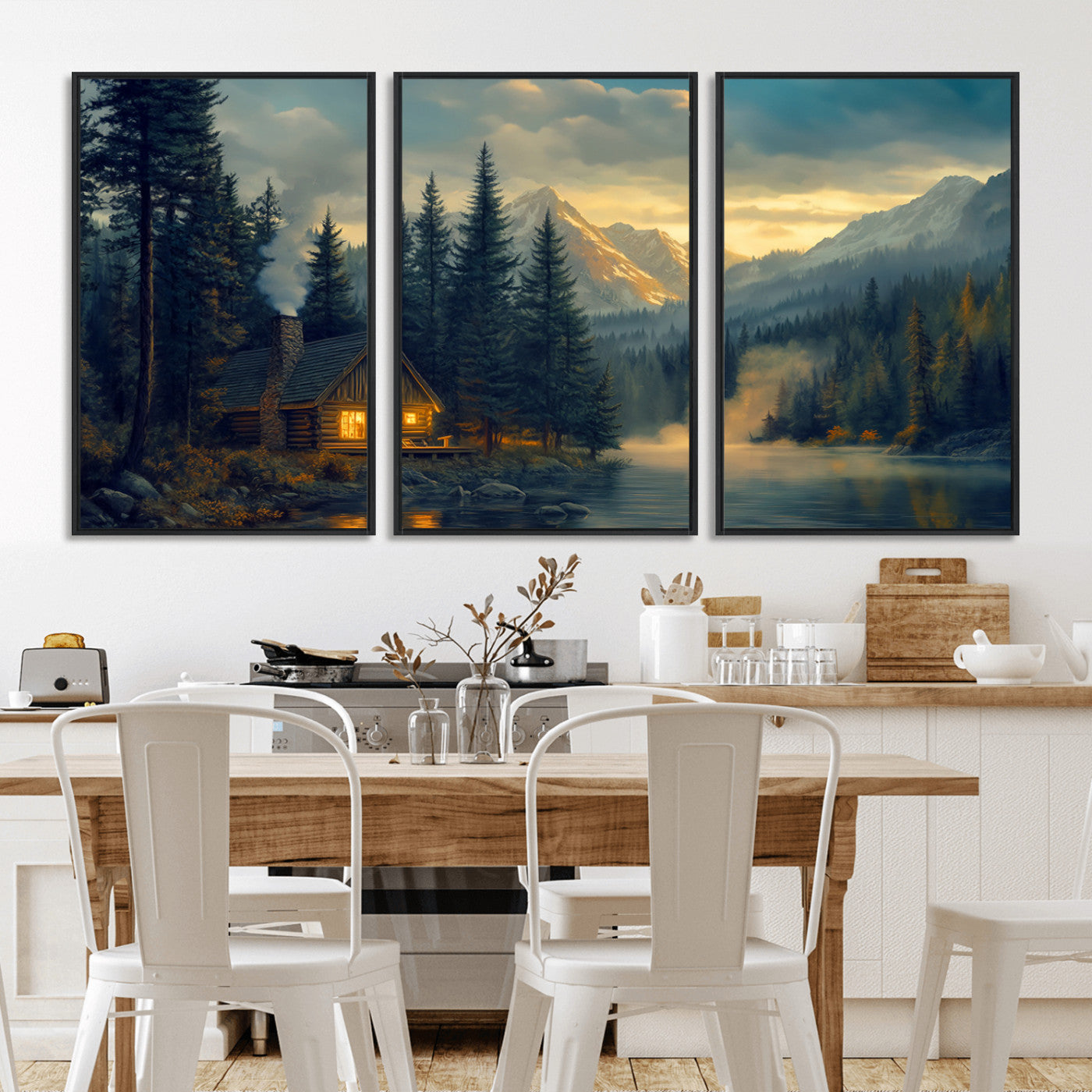 Mountain Cabin by the Lake at Sunset Wall Art - Serene