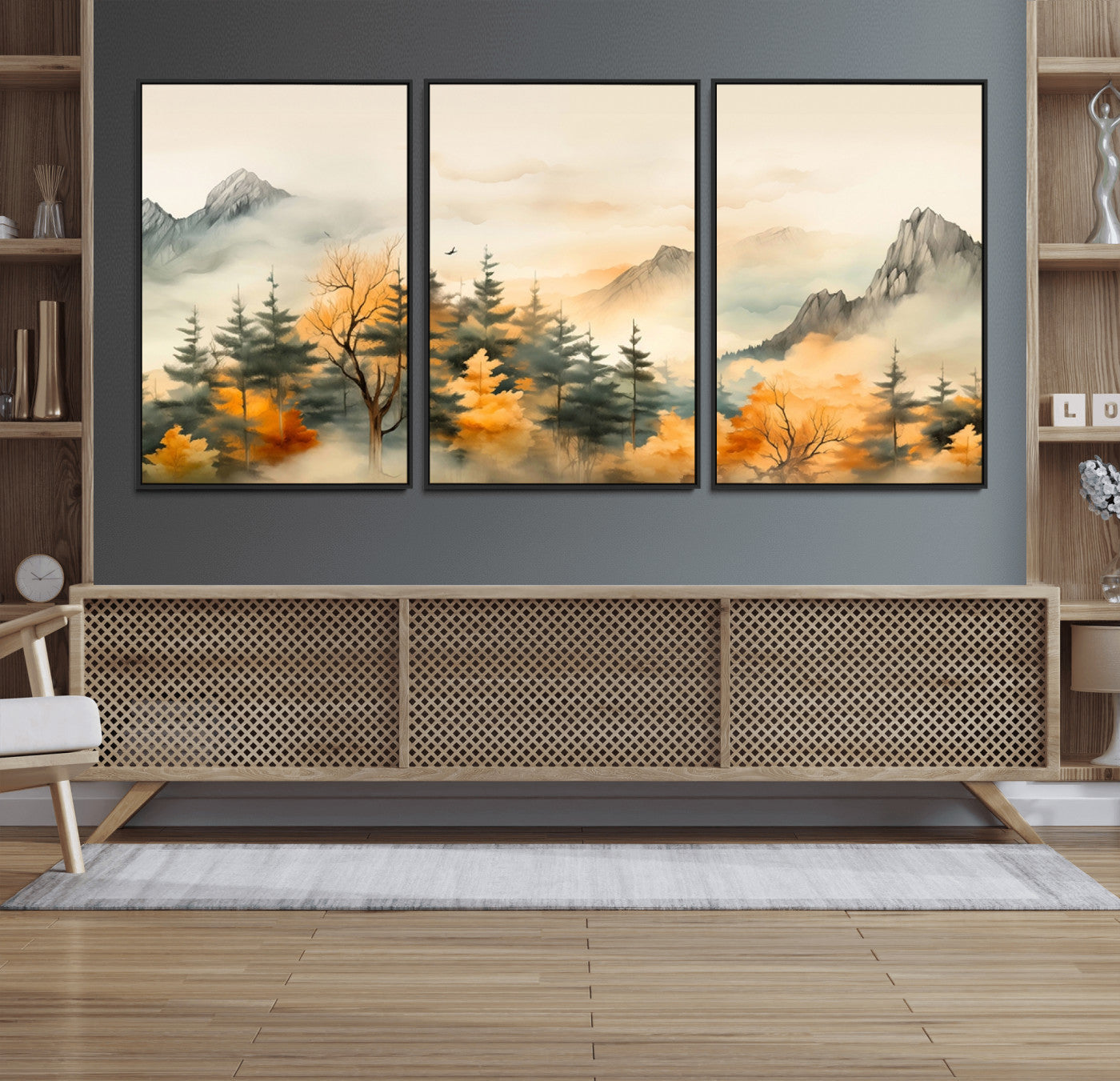 Abstract Watercolor Mountains and Trees Autumn Art,