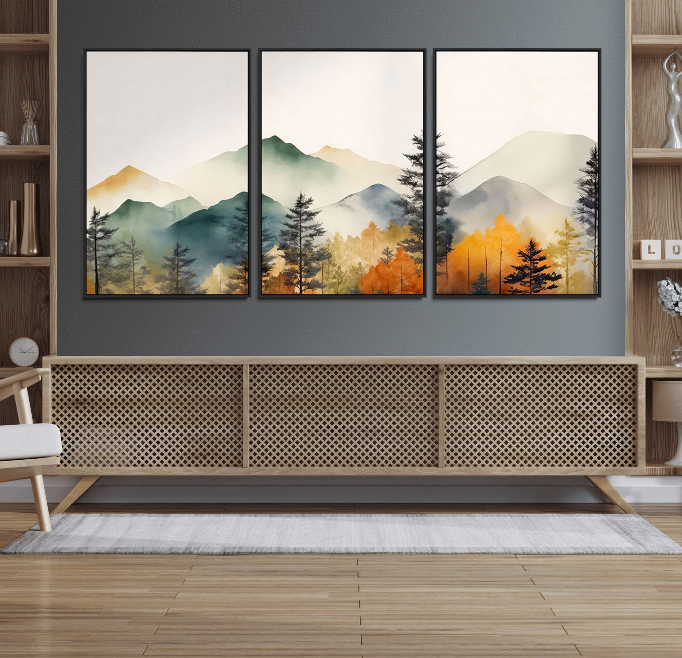 Abstract Watercolor Mountains and Trees Autumn Wall Art,