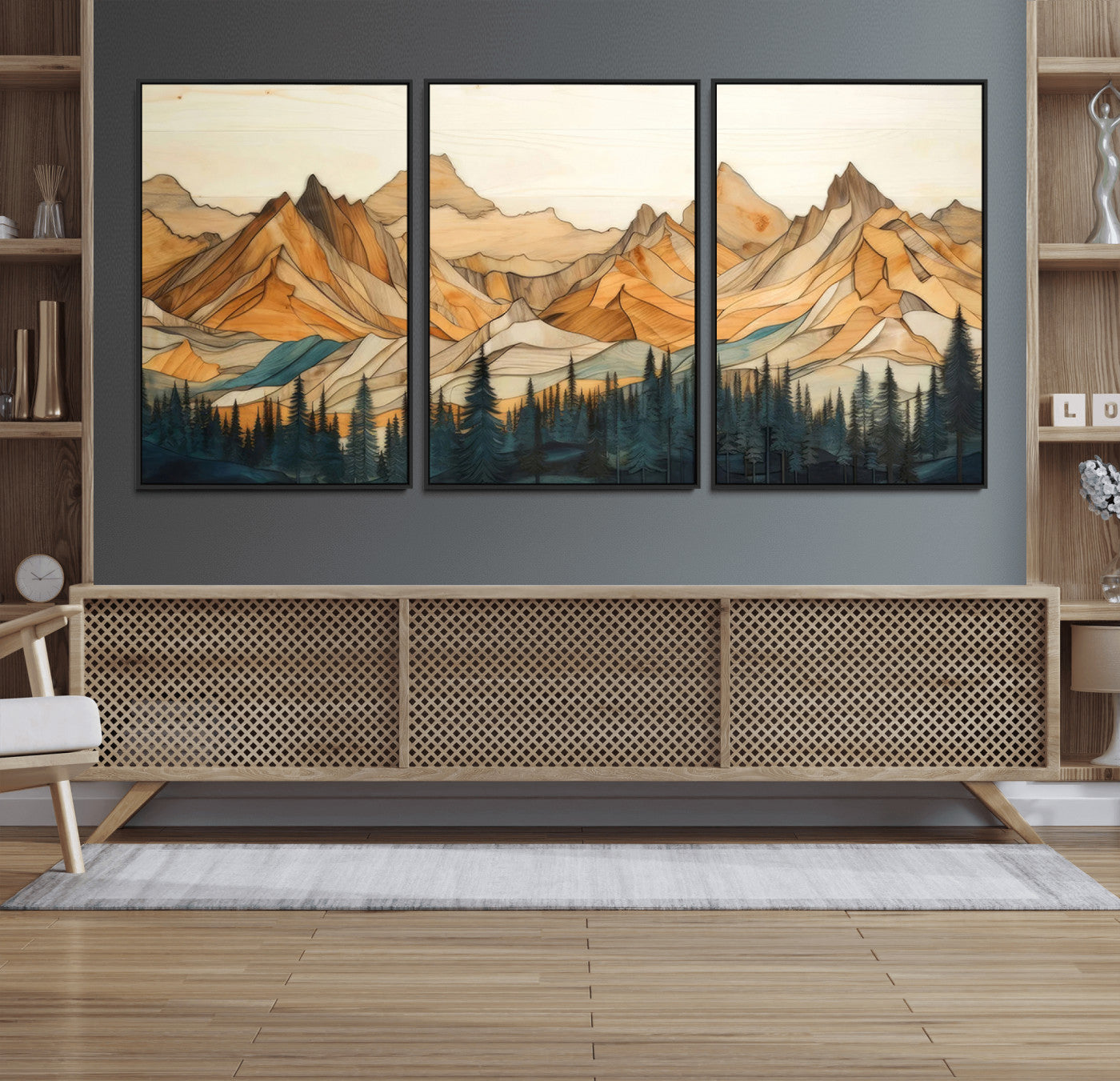 Rustic Wood Mountain Wall Art Print | Triptych Giclee Print
