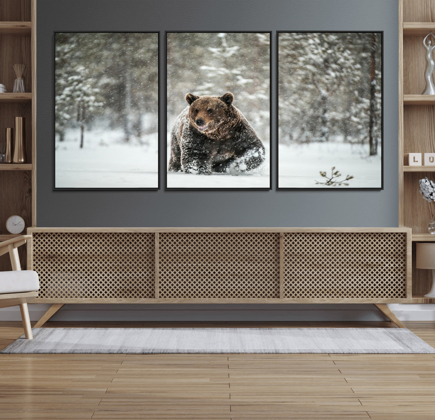 Grizzly Bear Wall Art – Framed Snowy Forest Canvas Artwork,