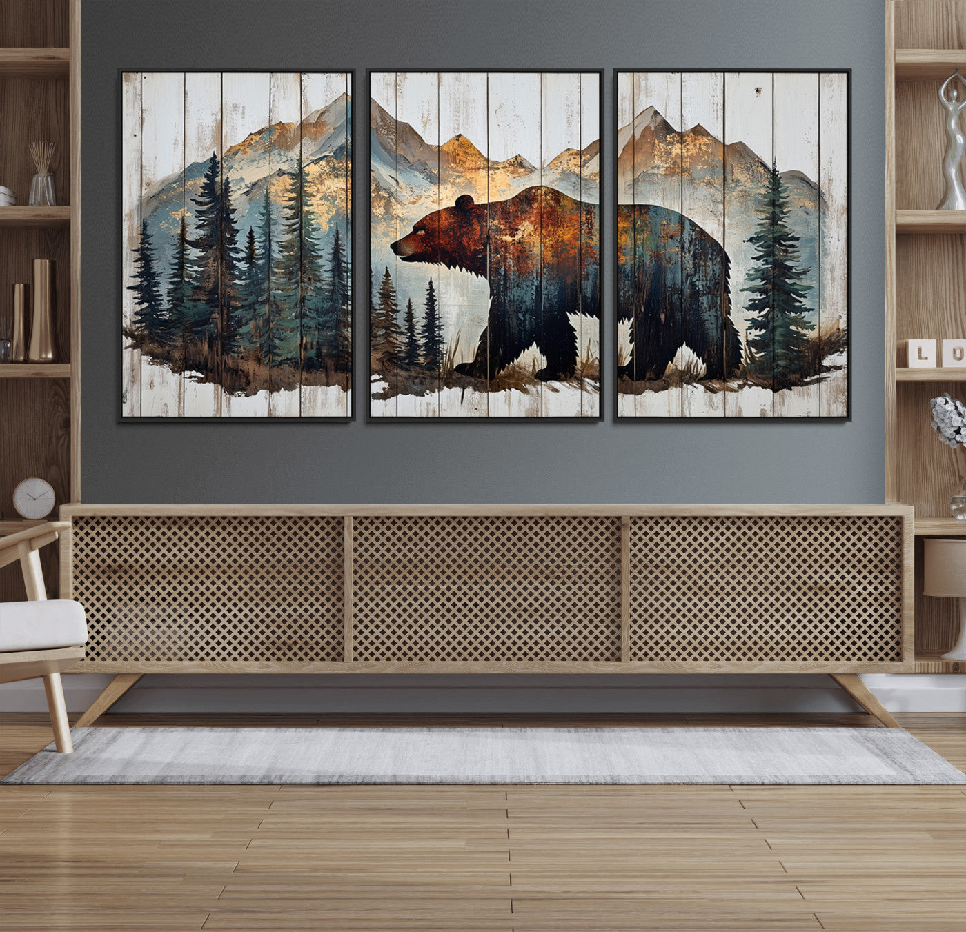 Rustic Grizzly 399 Bear and Mountain Wood Canvas Wall Art -