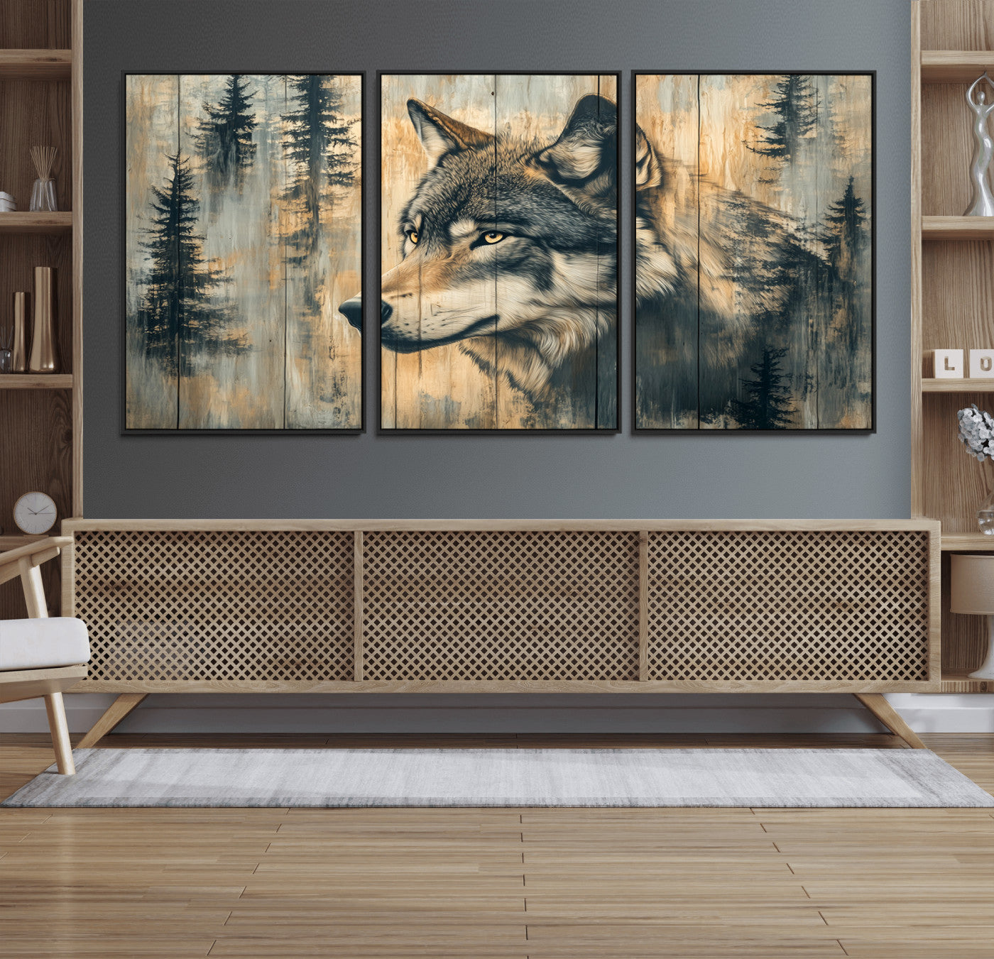 Wood Style Rustic Wolf Wall Art Canvas Print, Vintage